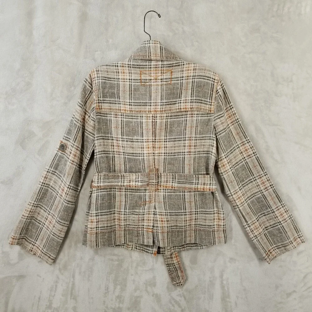 Fillmore Jacket Medium Brown Plaid 100% Linen Belted 70's Pockets Hippie‎ Retro